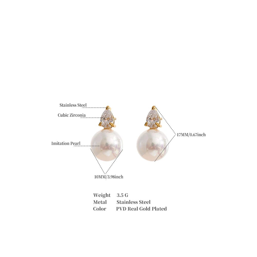 Cubic Zirconia Pearl Geometric Earrings — Gold-Plated Stainless Steel with Pearl and Cubic Zirconia · PS2093