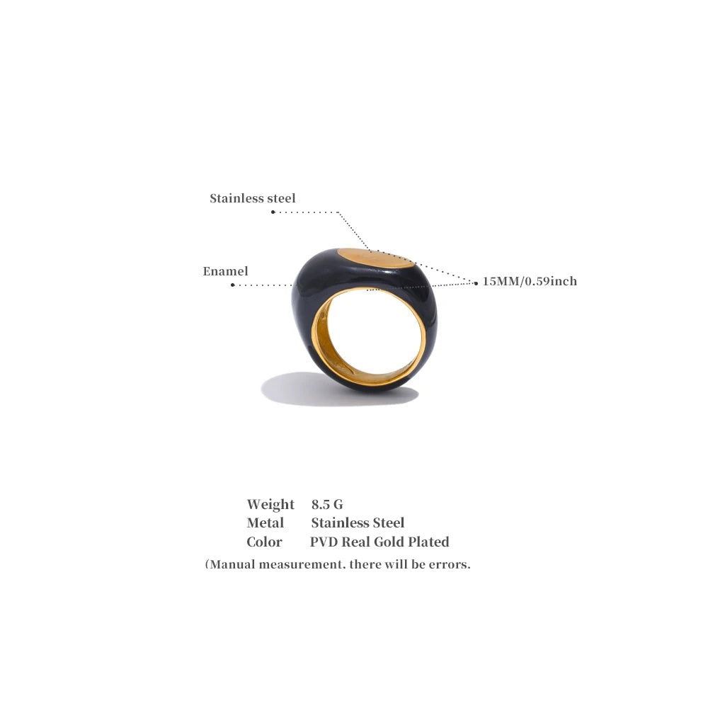 Black enamel geometric ring in gold-plated 316L stainless steel with enamel.