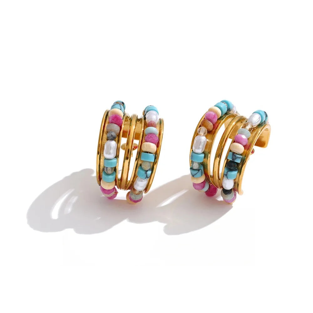 Gold-plated stainless steel earrings with pearl and natural stone accents.