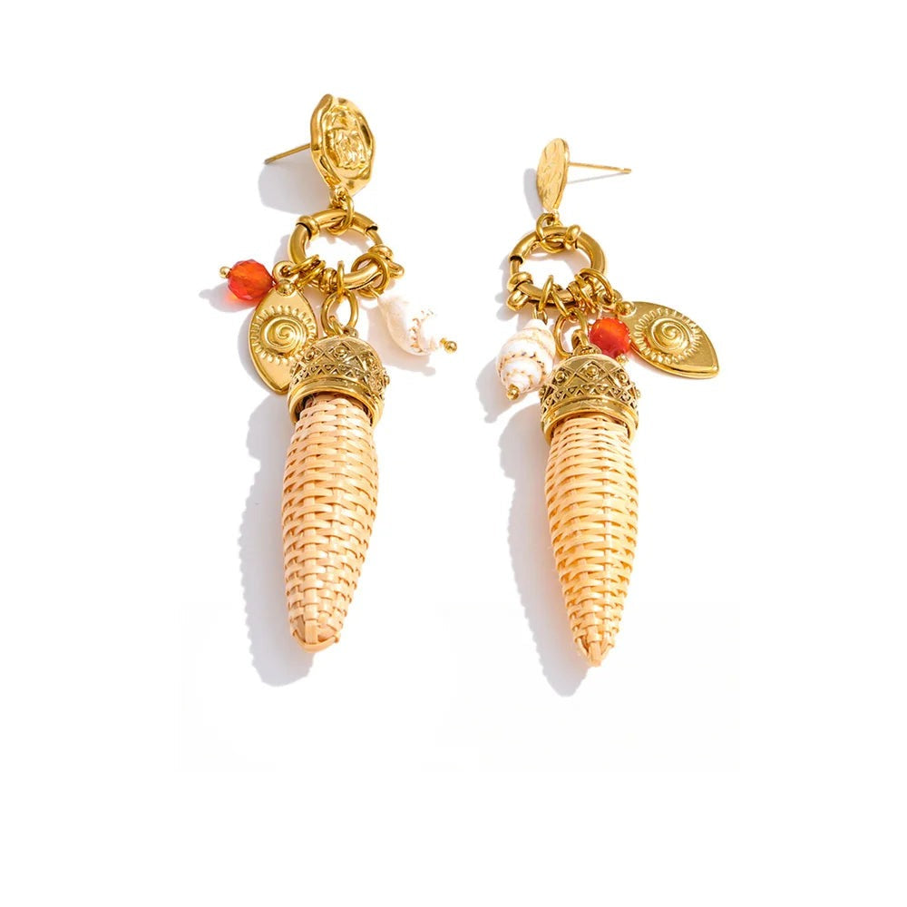 Gold-plated stainless steel earrings with a corn cob design and red accents.