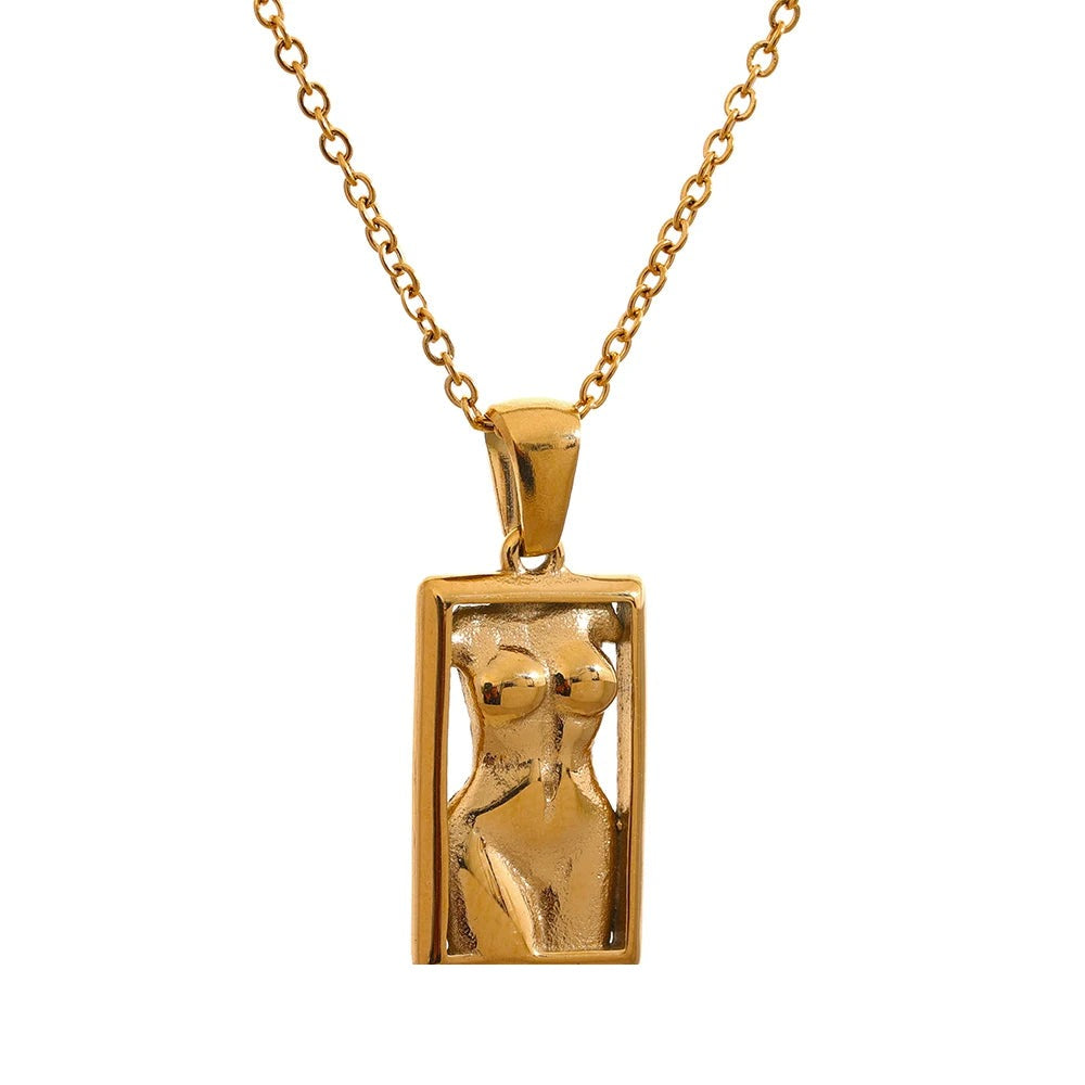 Gold-plated stainless steel necklace featuring a pendant shaped like a woman in a dress.
