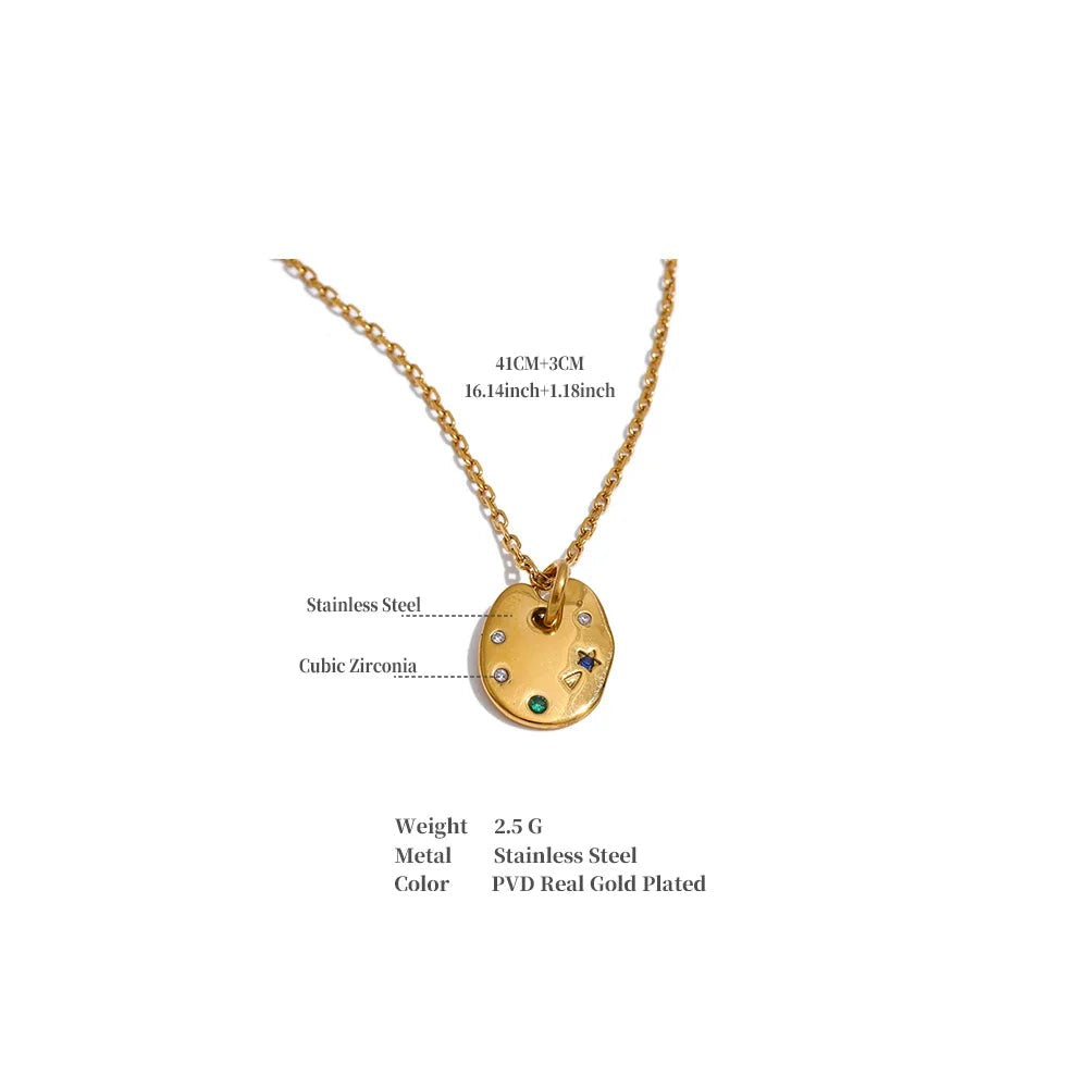 Cubic zirconia multi-color geometric necklace in gold-plated stainless steel with cubic zirconia.