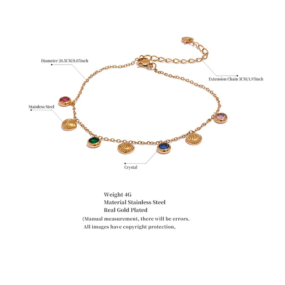 Cubic zirconia shell multi-color anklet in gold-plated stainless steel with cubic zirconia and shell.