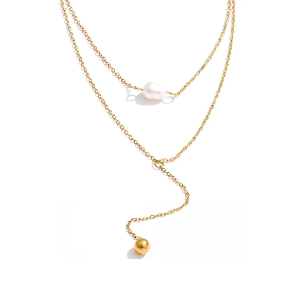 Gold-plated stainless steel necklace with freshwater pearl pendant featuring a curved chain.