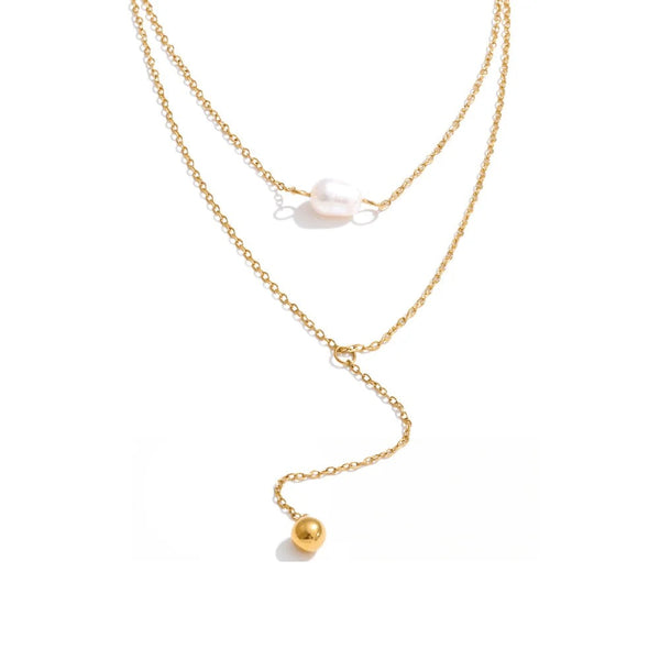 Gold-plated stainless steel necklace with freshwater pearl pendant featuring a curved chain.