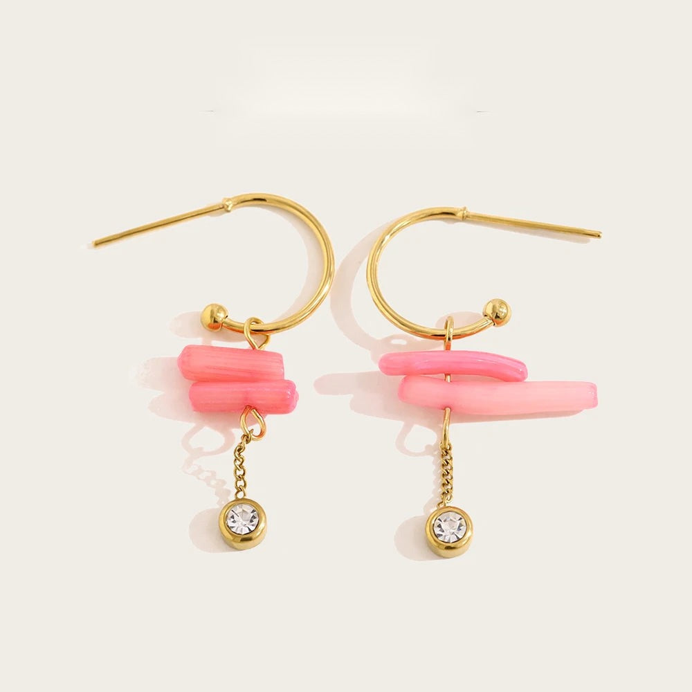 Pink Coral Dangle Earrings — 316L Stainless Steel · PS405
