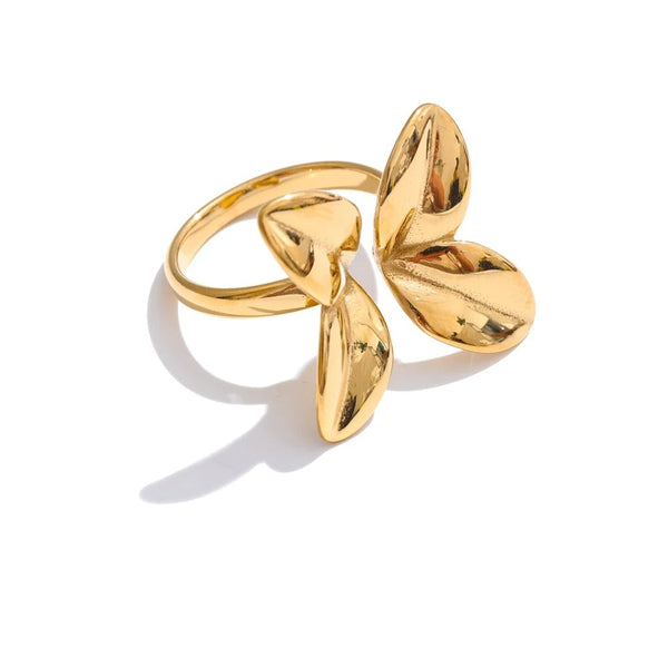 Gold-plated stainless steel ring featuring a leaf design.