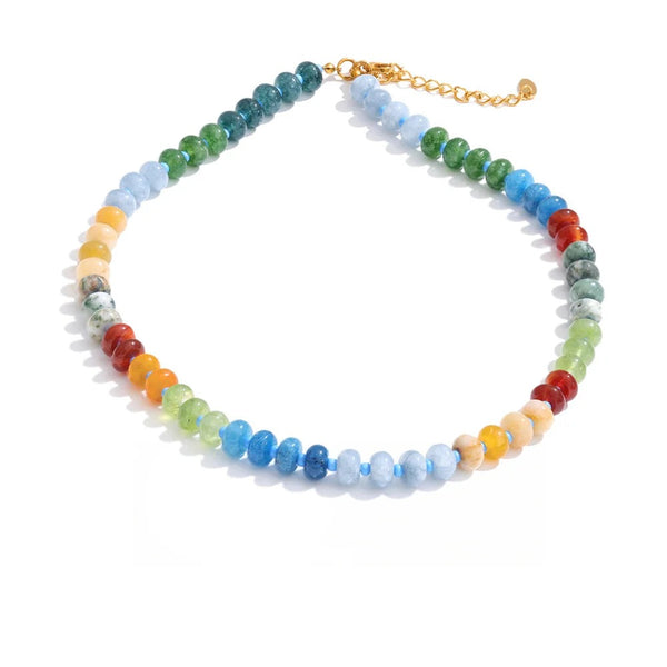 Colorful beaded necklace with gold-plated chain.