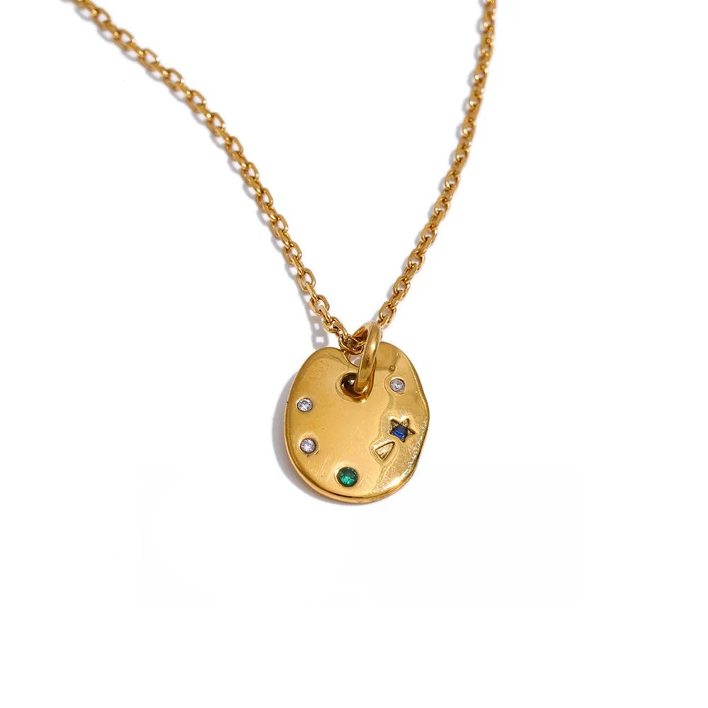 Gold-plated stainless steel necklace with cubic zirconia pendant.