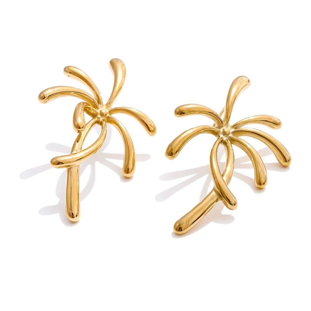 Gold-plated stainless steel earrings featuring palm tree motif.