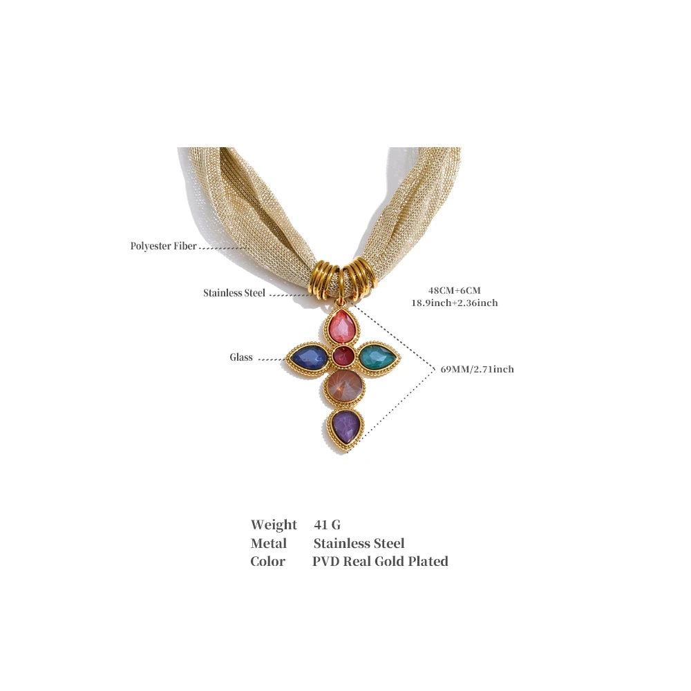 White glass cross necklace in gold-plated stainless steel.