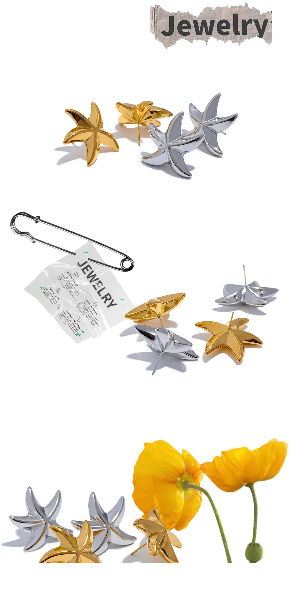 Star earrings in gold-plated 316L stainless steel.