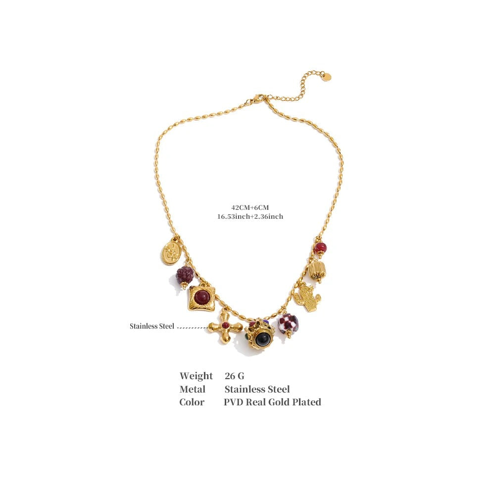 Resin acrylic cross necklace in gold-plated stainless steel with resin and acrylic.