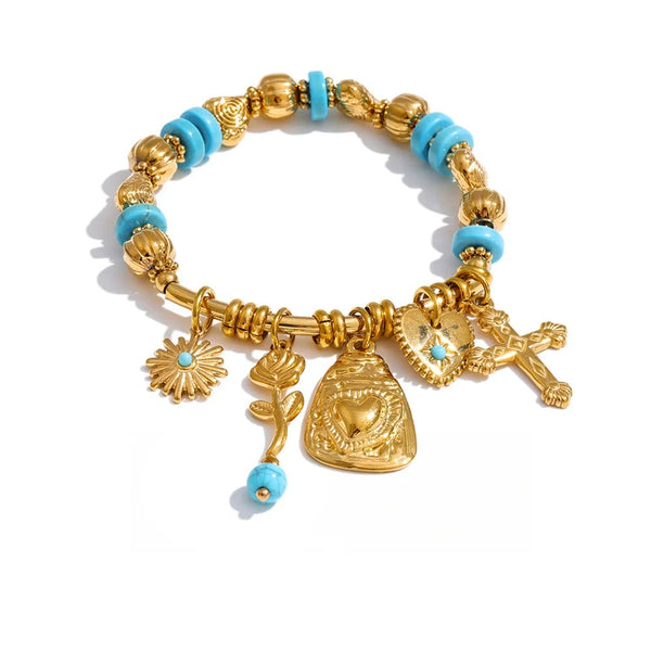 Natural Stone Heart Flower Bracelet — Gold-Plated Stainless Steel with Natural Stone · PS1086