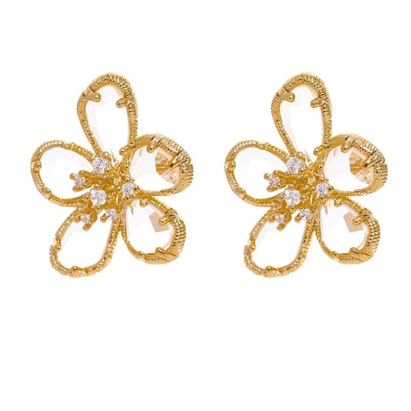 Cubic Zirconia Flower Geometric Earrings — 14K Gold-Plated Copper with Cubic Zirconia · PC21