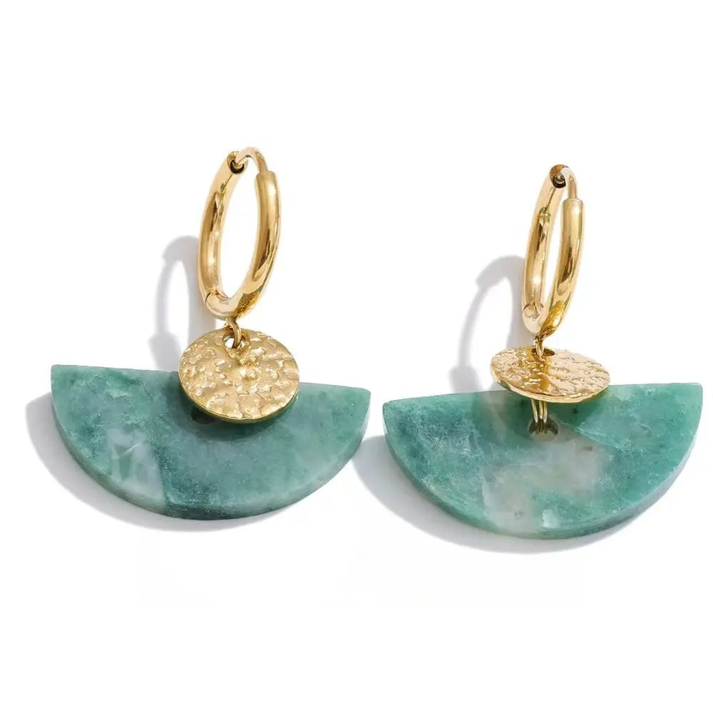 Gold-plated earrings with natural stone, featuring a unique design that includes a leaf motif.