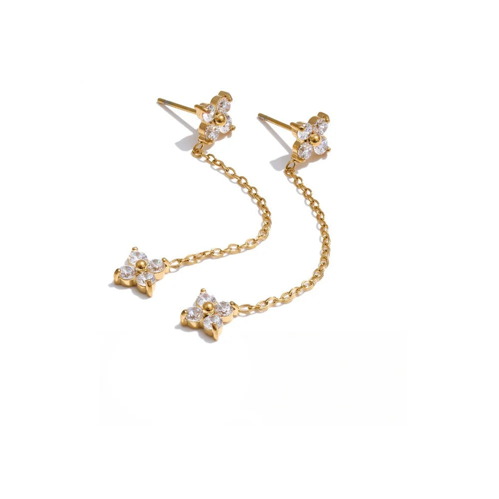 Cubic Zirconia Flower Chain Earrings — Gold-Plated Stainless Steel with Cubic Zirconia · PS1290