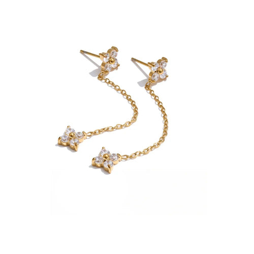 Cubic Zirconia Flower Chain Earrings — Gold-Plated Stainless Steel with Cubic Zirconia · PS1290