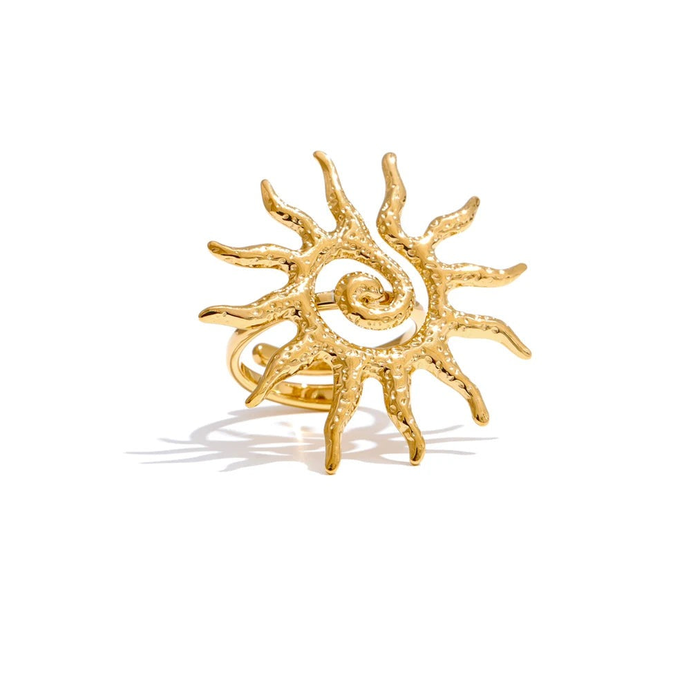 Gold-plated stainless steel ring with sun design.