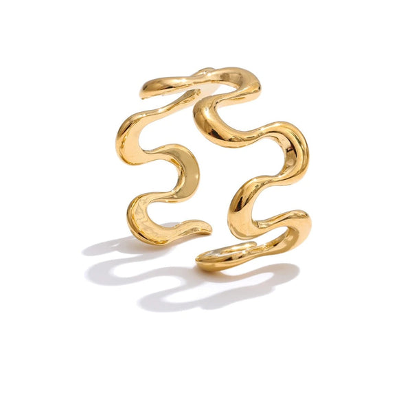 Gold-plated stainless steel ring with a unique intertwined design.