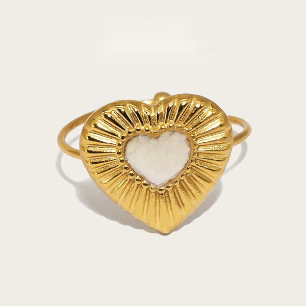 Heart Natural White Shell Vintage Adjustable Ring — 316L Stainless Steel · PS446