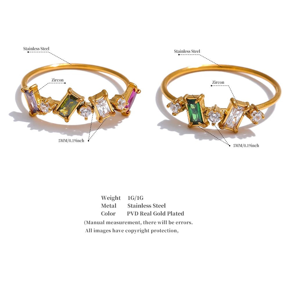 Cubic zirconia multi-color geometric ring in 18K gold-plated stainless steel with cubic zirconia.