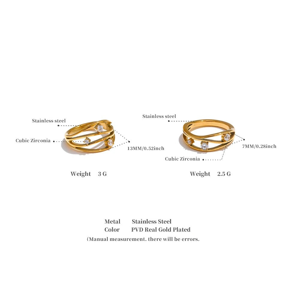 Cubic zirconia geometric ring in 18K gold-plated stainless steel with cubic zirconia.