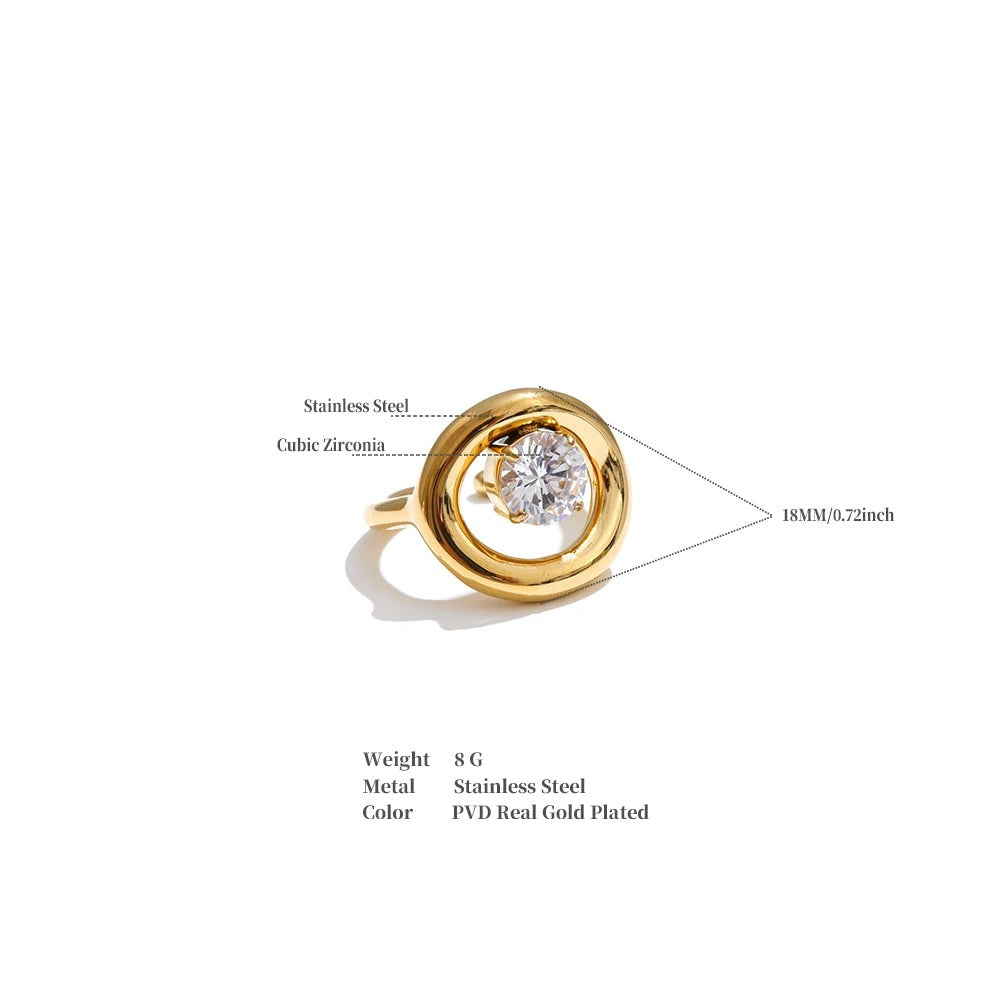 Cubic zirconia geometric ring in 18K gold-plated stainless steel with cubic zirconia.