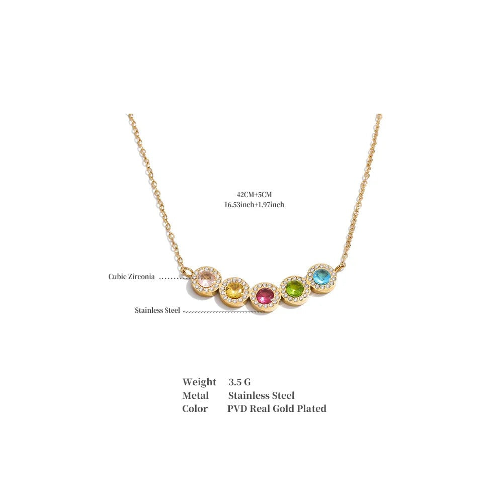 Cubic zirconia multi-color geometric necklace in gold-plated stainless steel with cubic zirconia.