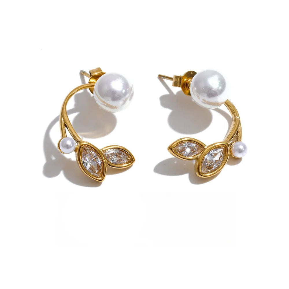 Cubic Zirconia Pearl Geometric Earrings — Gold-Plated Stainless Steel with Pearl and Cubic Zirconia · PS1303