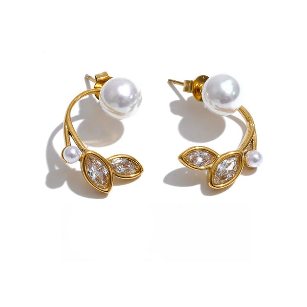 Cubic Zirconia Pearl Geometric Earrings — Gold-Plated Stainless Steel with Pearl and Cubic Zirconia · PS1303