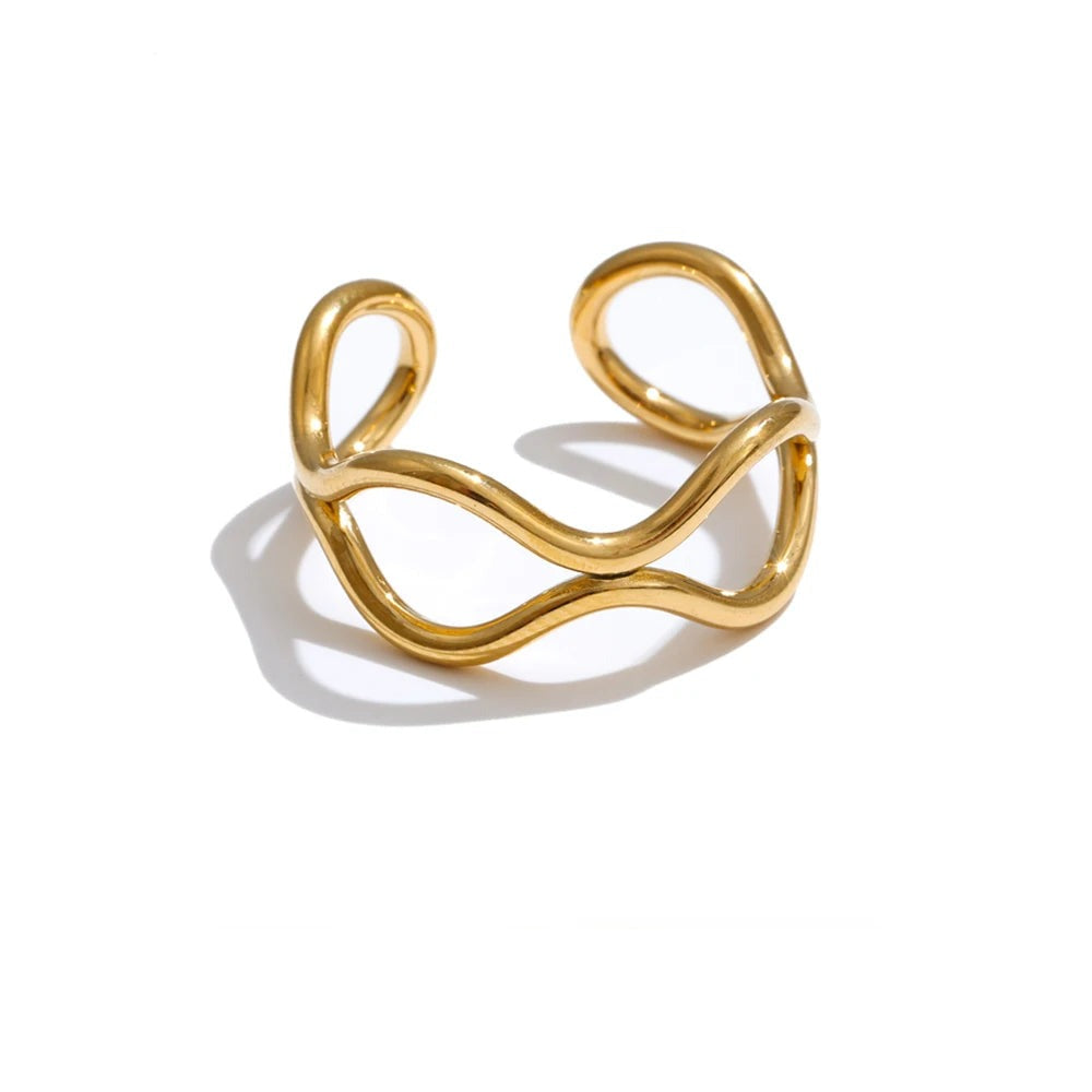 Gold-plated stainless steel ring with a twisted band design.