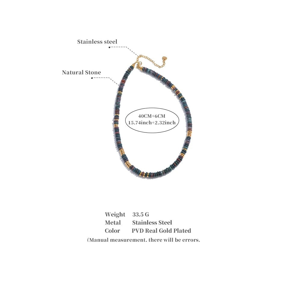 Natural stone beaded multi-color necklace in gold-plated stainless steel with natural stone.