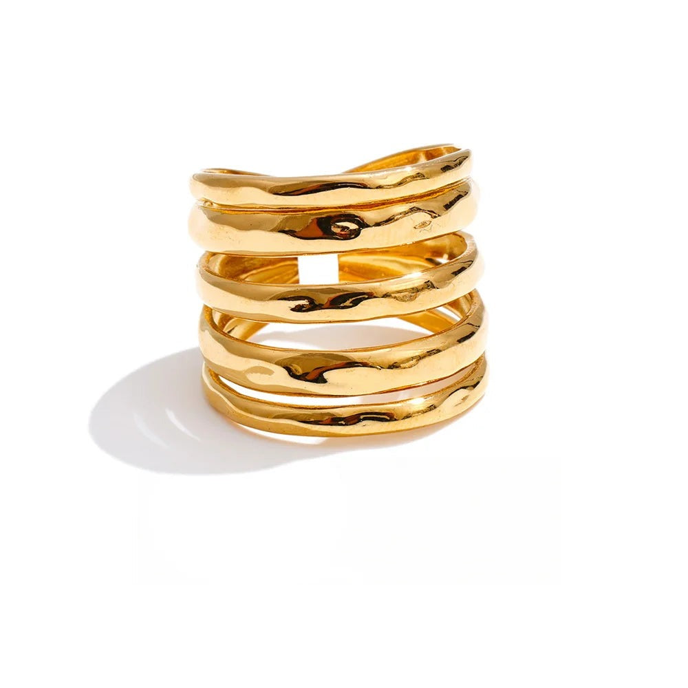 Gold-plated stainless steel ring with three interlocking bands.