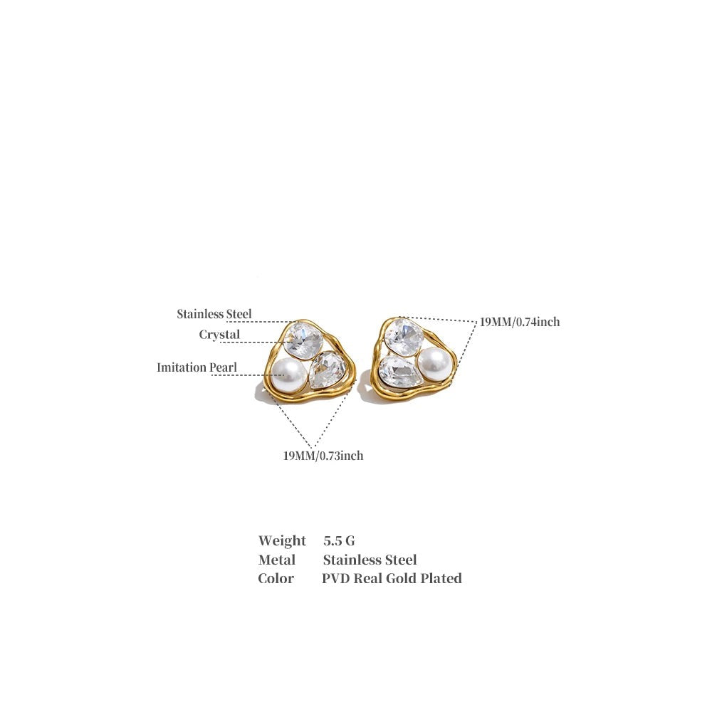 Cubic Zirconia Pearl Geometric Earrings — Gold-Plated Stainless Steel with Pearl and Cubic Zirconia · PS1441