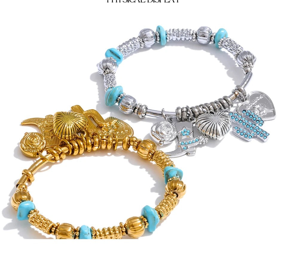 Natural Stone Heart Flower Bracelet — Gold-Plated Stainless Steel with Natural Stone · PS1139