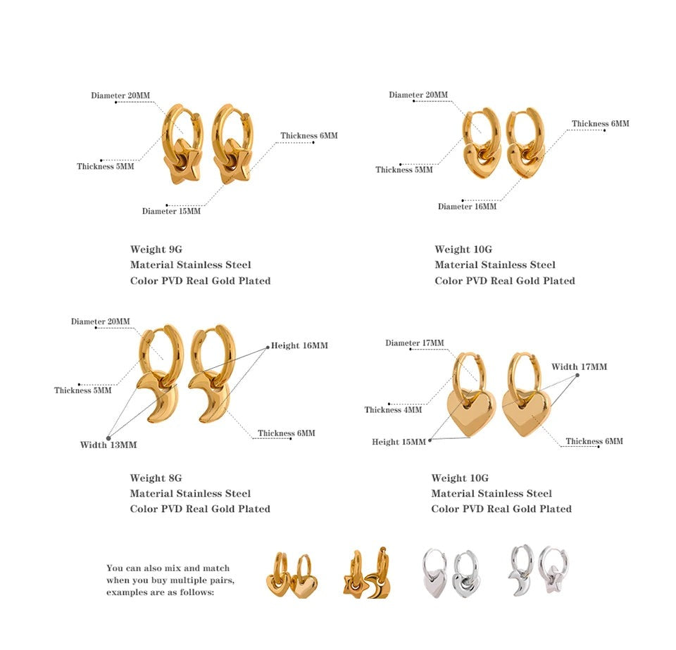 Heart star moon earrings in gold-plated stainless steel.
