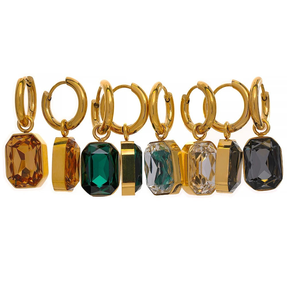 Gold-plated earrings with cubic zirconia stones in various colors.