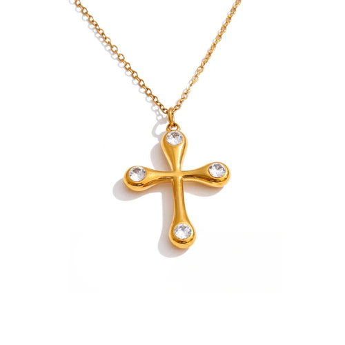 Gold-plated stainless steel cross necklace with cubic zirconia.