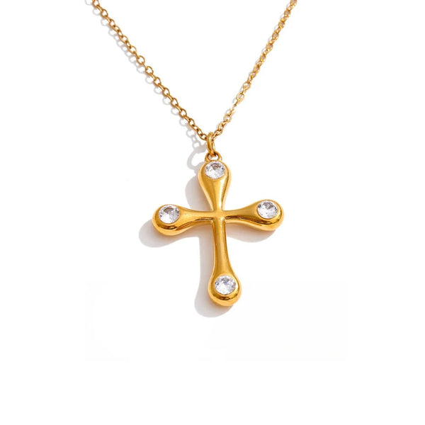Gold-plated stainless steel cross necklace with cubic zirconia.