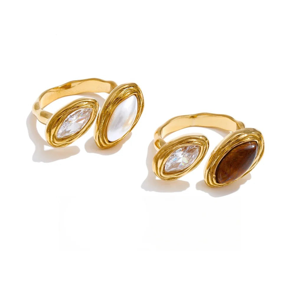 Gold-plated stainless steel ring with cubic zirconia stones.