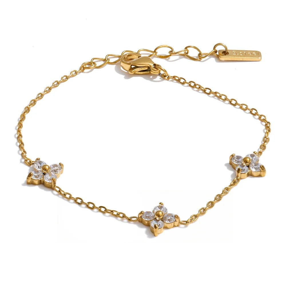 Cubic Zirconia Flower Chain Bracelet — Gold-Plated Stainless Steel with Cubic Zirconia · PS1539