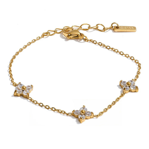 Cubic Zirconia Flower Chain Bracelet — Gold-Plated Stainless Steel with Cubic Zirconia · PS1539