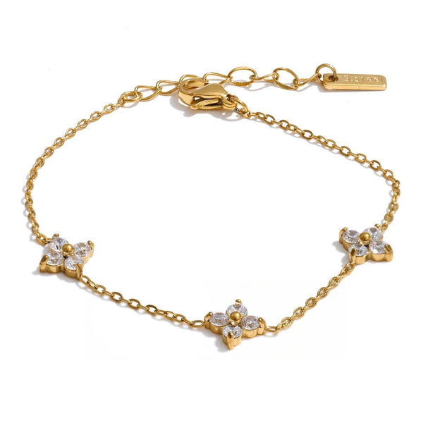 Cubic Zirconia Flower Chain Bracelet — Gold-Plated Stainless Steel with Cubic Zirconia · PS1539