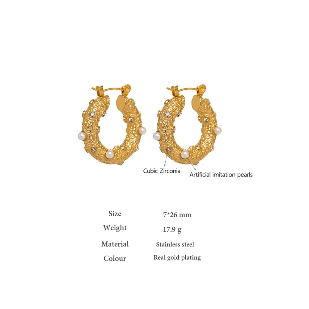 Cubic Zirconia Pearl Geometric Earrings — Gold-Plated Stainless Steel with Pearl and Cubic Zirconia · PS1627