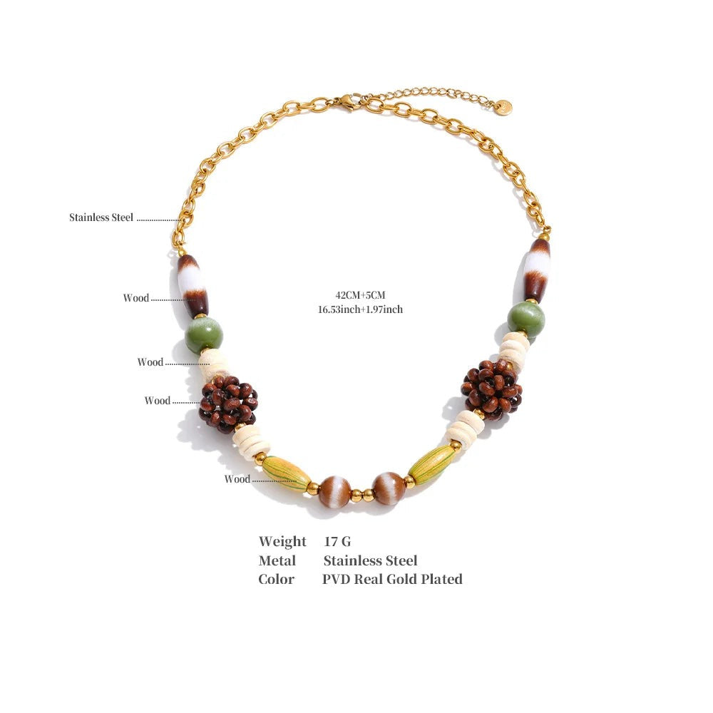 Beaded geometric chain necklace in gold-plated stainless steel.