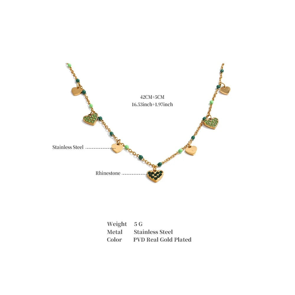 Crystal natural stone heart necklace in gold-plated stainless steel with natural stone and crystal.