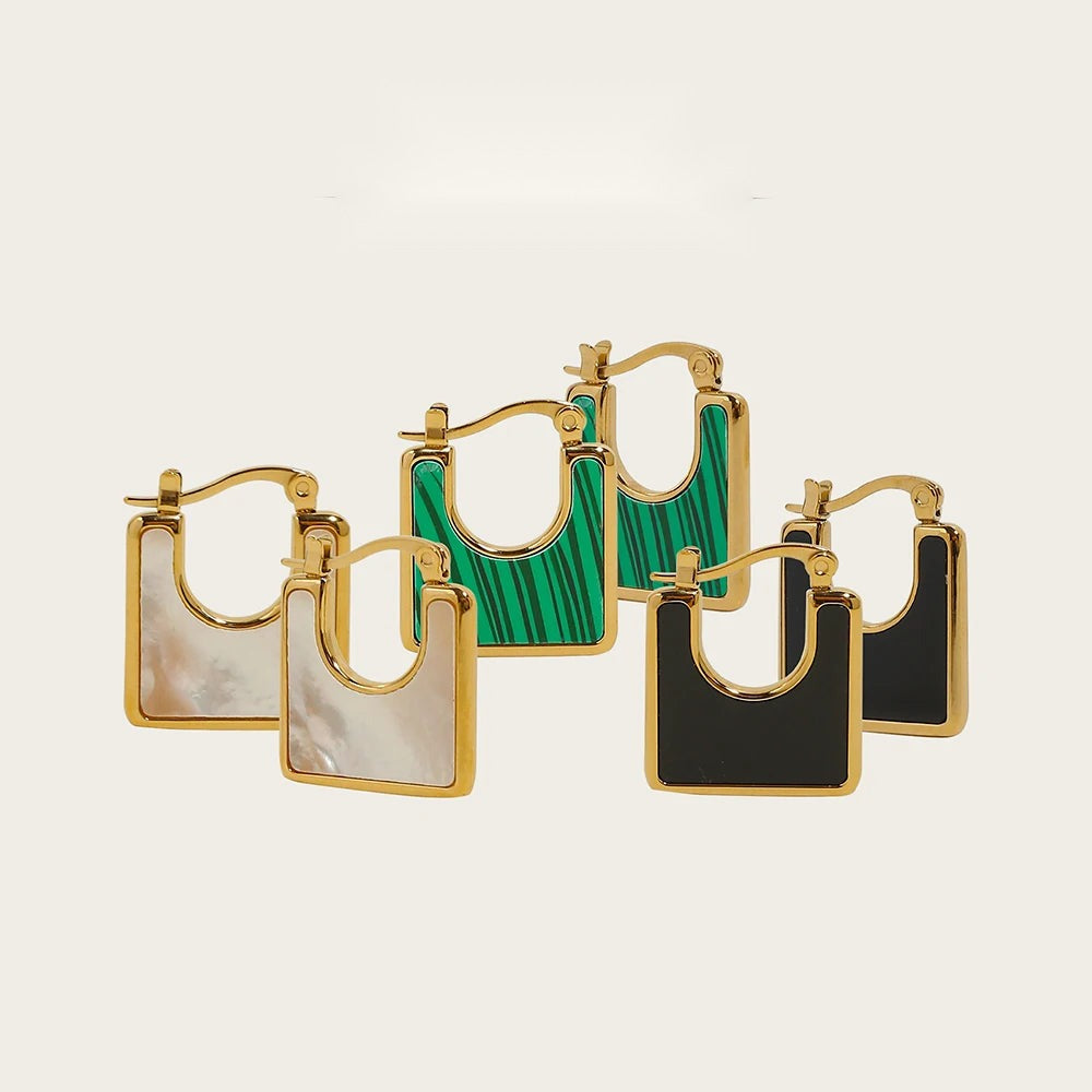 Hoop Earrings Vintage Square Natural Stone — 316L Stainless Steel · PS399