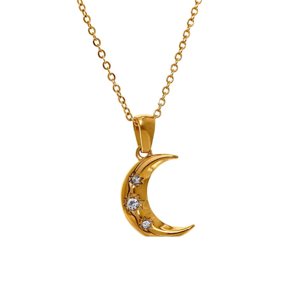 Gold-plated stainless steel necklace with cubic zirconia moon pendant.