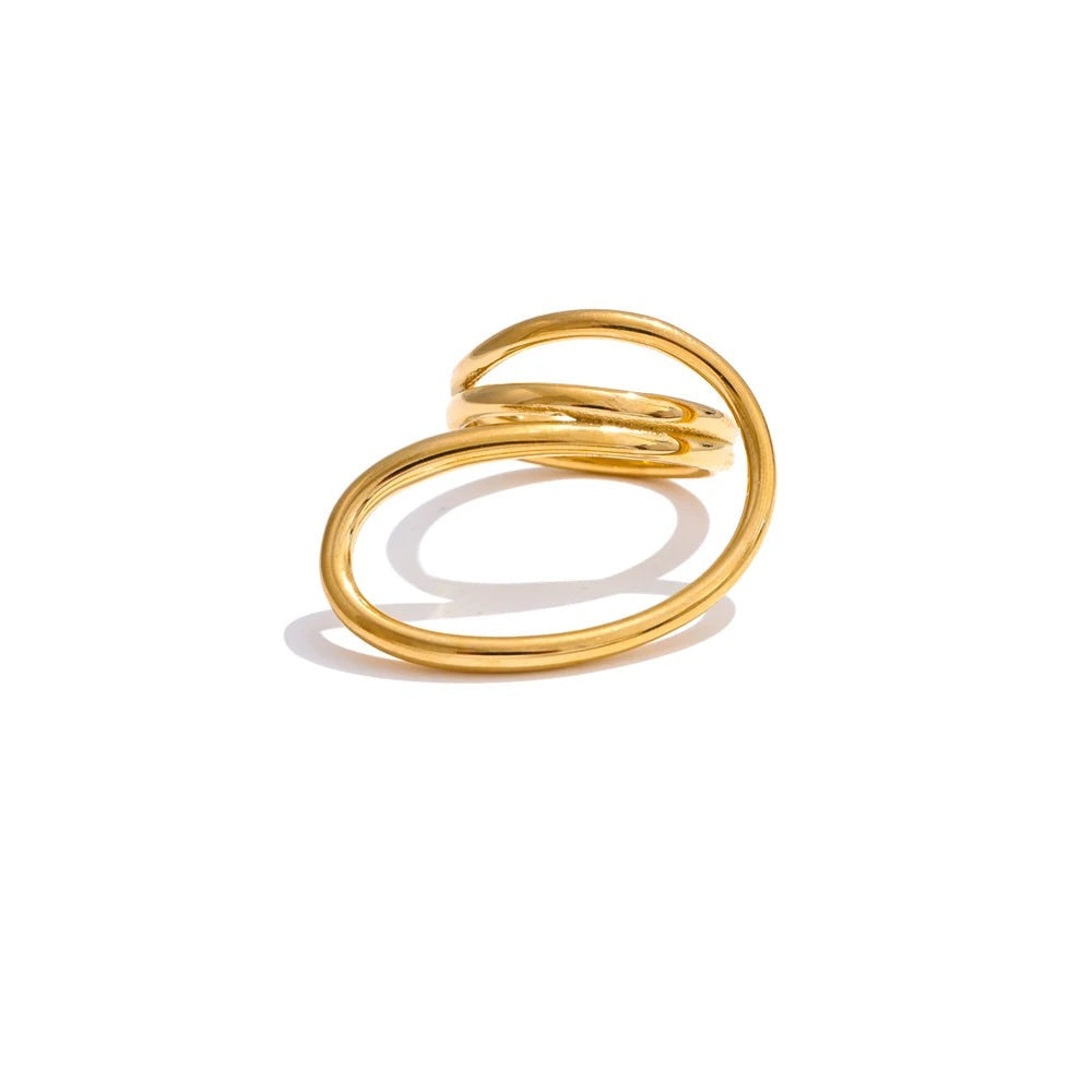 Gold-plated stainless steel ring with two interlocking bands.
